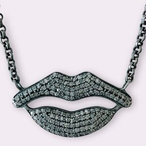 The Woods Fine Jewelry Pave Diamond LIPS Sterling Necklace Choker Pendant 15.5"